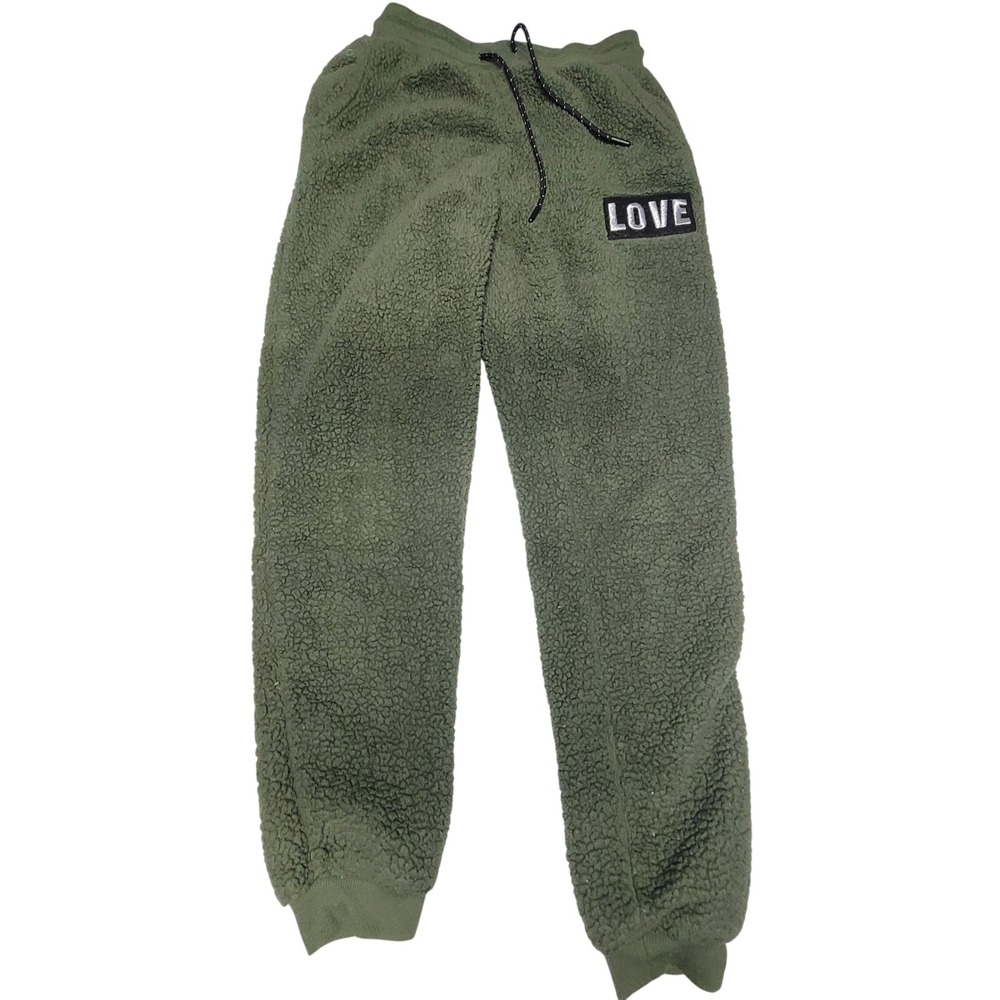 No Boundaries Womens Olive Green Sherpa Fleece Joggers Love Patch Small
